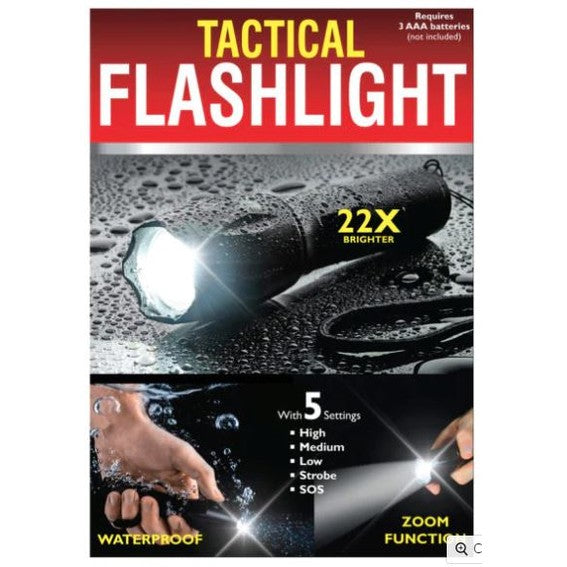 Waterproof tactical flashlight with multiple settings and zoom function.